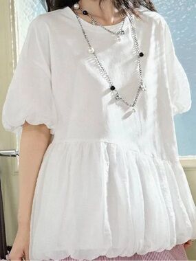 KUOSE Shirt Womens M White Crew Neck Short Puff Sleeve Ruffle Tunic Top